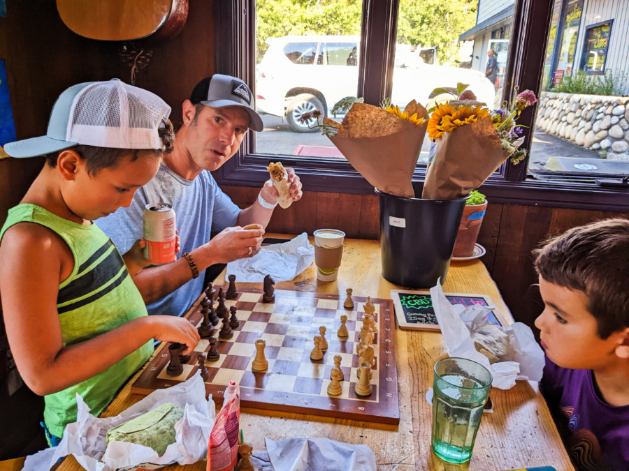 Taylor Family Playing Chess at Stellar Brew Cafe Mammoth Lakes California 1