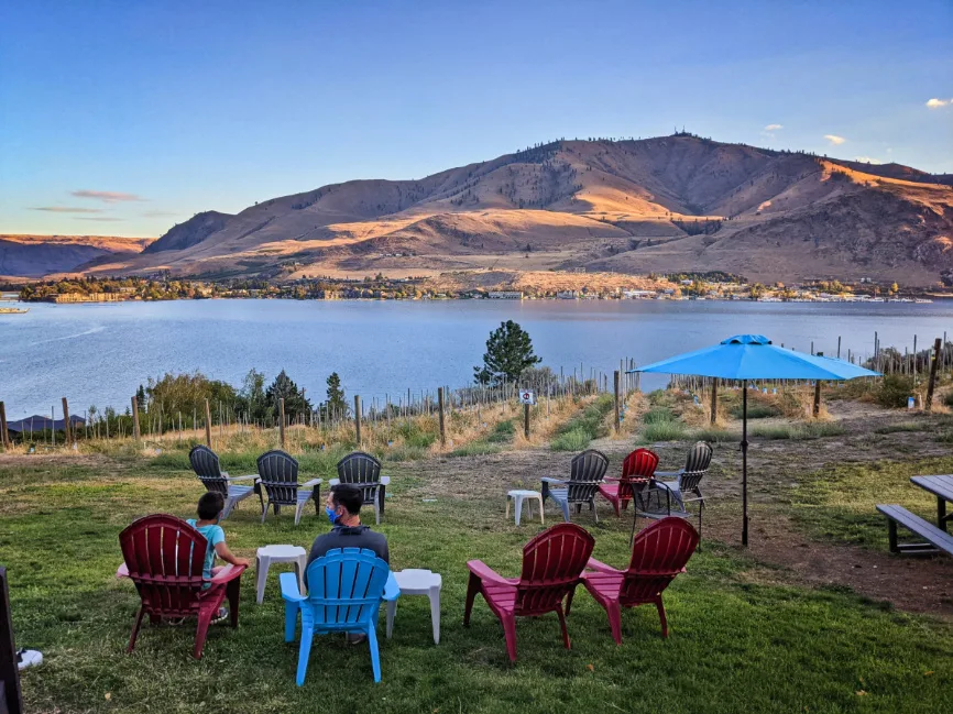 Taylor Family Wine Tasting Outdoors at Vin Du Lac Winery Lake Chelan Washington 1