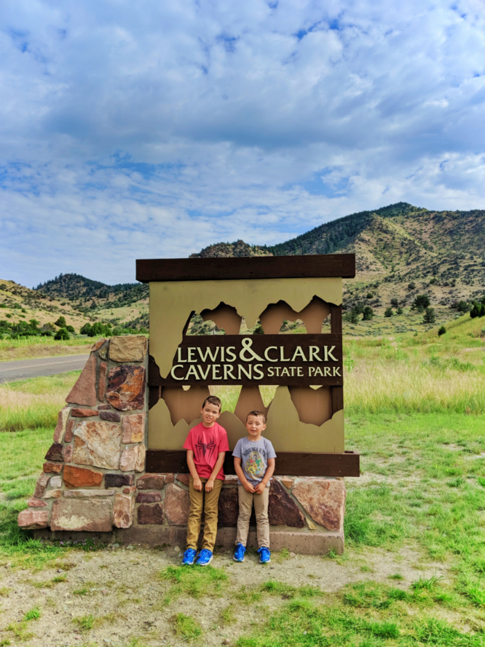 Taylor Family at Entrance Sign to Lewis and Clark Caverns State Park Montana 1