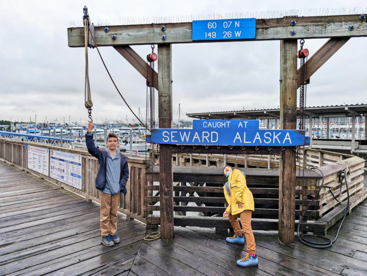 Taylor Family at Fishing Display in marina in Seward Alaska 1