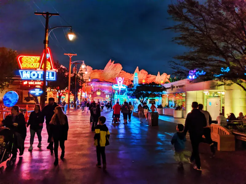 Taylor Family at Radiator Springs Cars Land at Night California Adventure Disneyland 2020 1