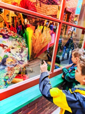 Taylor Family at colorful umbrella shop in Fantan Alley Chinatown Victoria BC 7