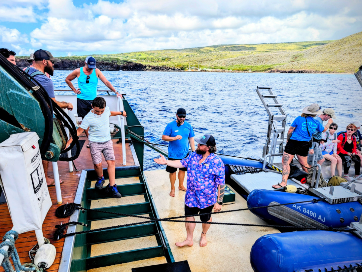 Taylor Family boarding Skiff at Lanai from UnCruise Safari Explorer Ship Hawaii 1