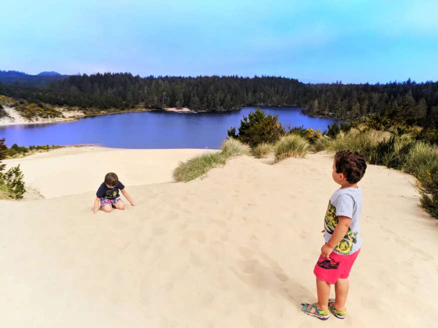 Taylor Family climbing dunes at Honeyman State Park Sand Dunes Florence Oregon Coast 8