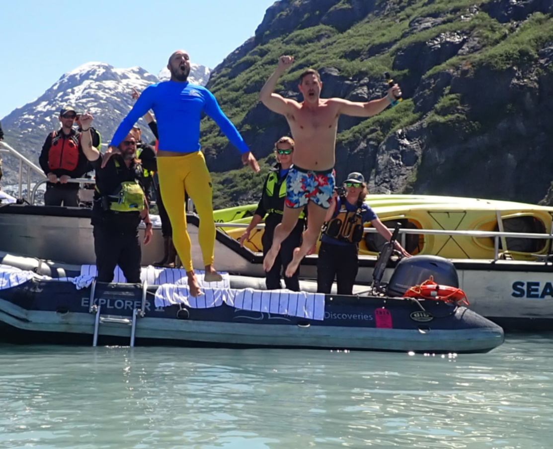 Taylor Family doing Polar Plunge in Glacier Bay National Park with UnCruise Wilderness Legacy Alaska 1