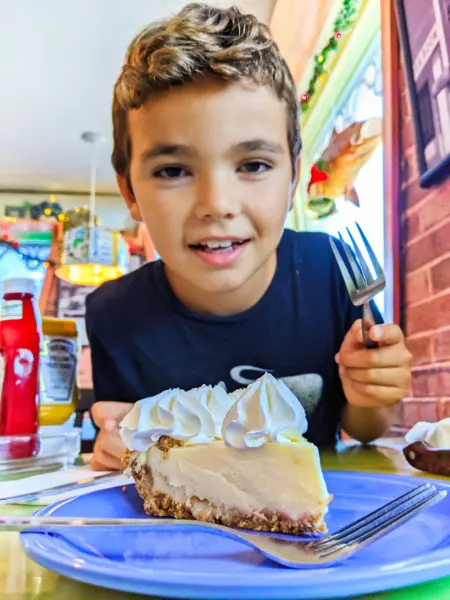 Taylor Family eating Key Lime Pie at Mrs Macs II Restaurant Key Largo Florida Keys 2020 1