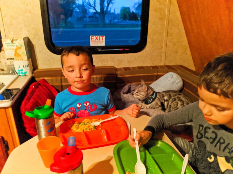 Taylor Family eating dinner in camper in Green River Utah cross country relocation 2020 1