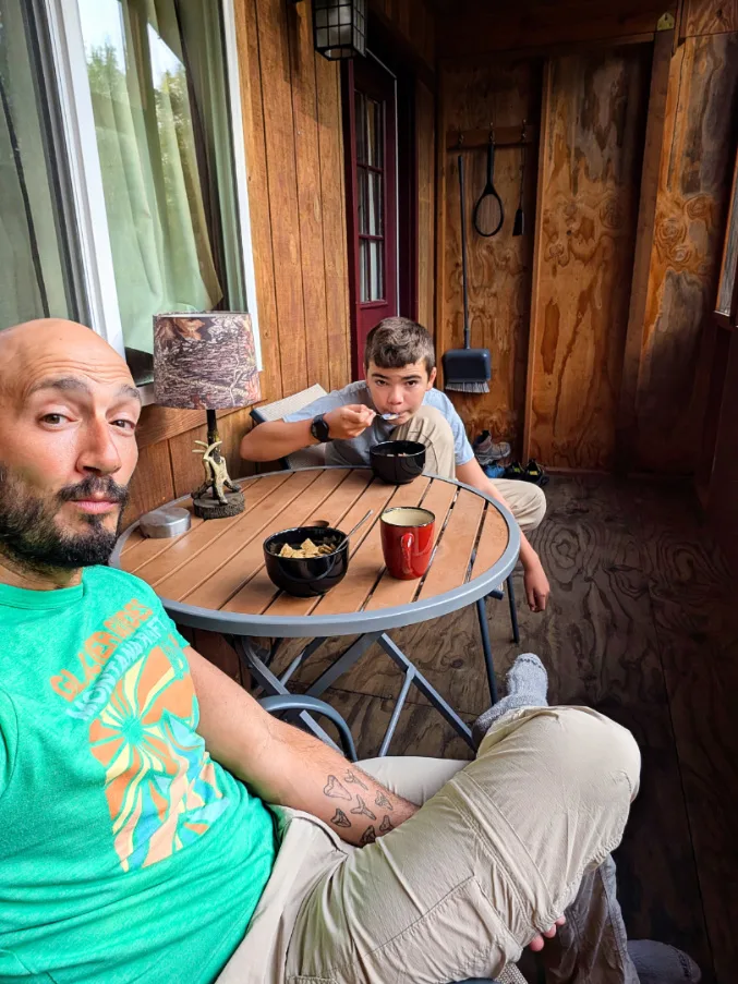 Taylor Family having breakfast at Cabin at Talkeetna Wilderness Lodge Talkeetna Alaska 1