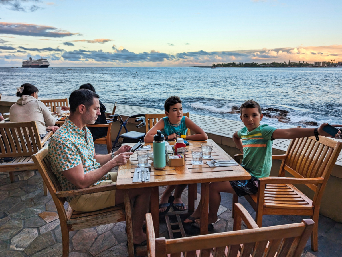 Taylor Family having breakfast at Dons Mai Tai Bar at Royal Kona Resort Kailua Kona Big Island Hawaii 2