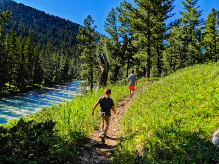 Taylor Family hiking on the Gallatin River in Big Sky Montana 1