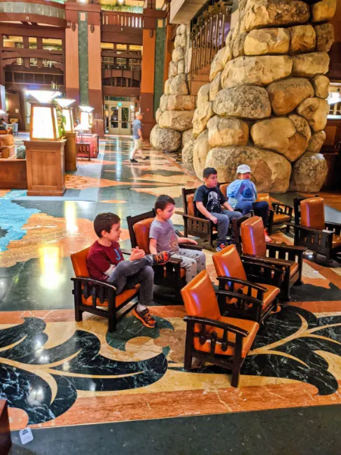 Taylor Family in Grand Lobby of Disneys Grand Californian Hotel Disneyland 5