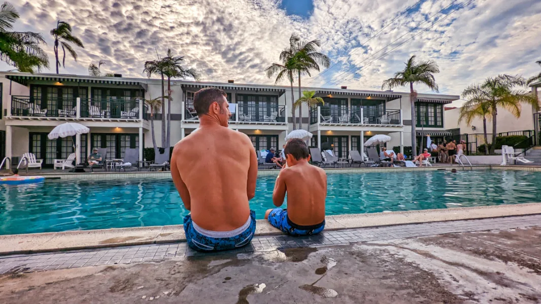 Taylor Family in Swimming Pool at Lafayette Hotel Swimclub and Bungalows San Diego California 2