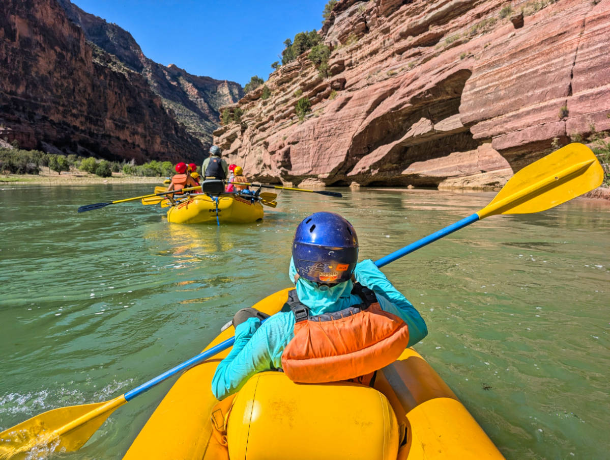 Taylor Family in kayak rafting with OARS in Gates of Lodore Dinosaur National Monument Utah 6