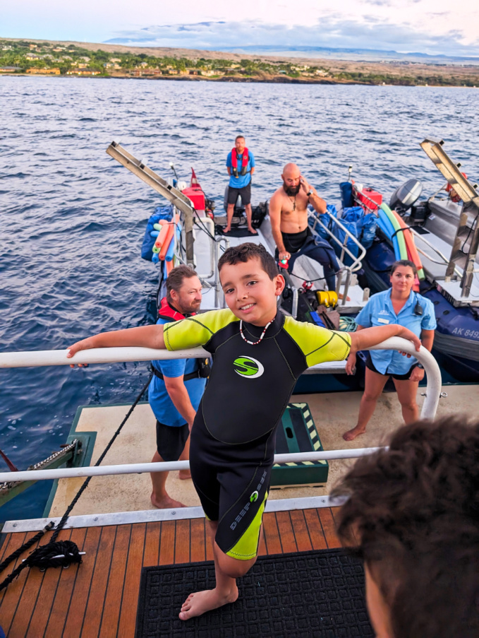 Taylor Family in wetsuits for Manta Ray Snorkeling with UnCruise Big Island Hawaii 2