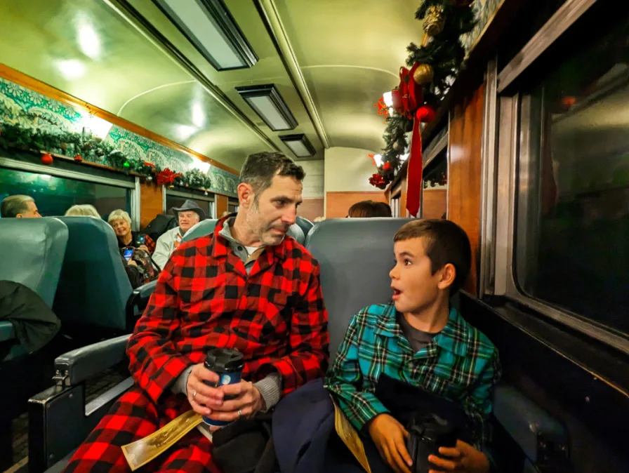 Taylor Family on Great Smoky Mountain Railroad Polar Express Train at night in Bryson City North Carolina 1