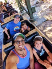 Taylor Family on Kids rollercoaster at Camp Snoopy at Knotts Berry Farm Buena Park California 7