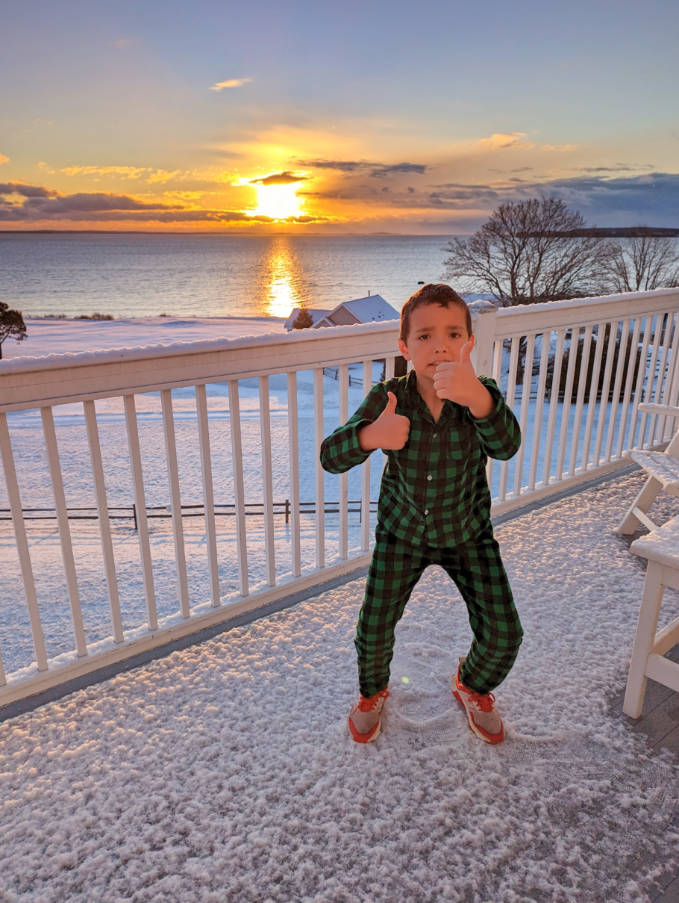 Taylor Family on Snowy Deck at Samoset Resort Rockport Rockland Midcoast Maine 2