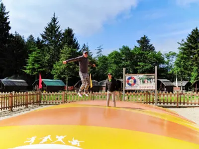 Taylor Family on bounce pillow at Astoria KOA Campground Warrenton Oregon 5