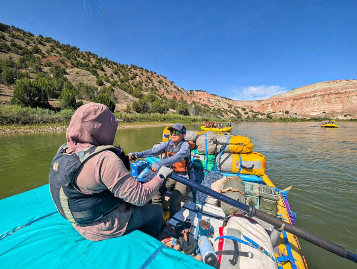 Taylor Family on oar boat rafting with OARS in Gates of Lodore Dinosaur National Monument Utah 3
