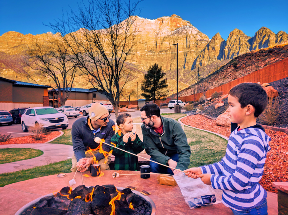 Taylor Family roasting marshmallows at Best Western Plus Zion National Park Utah 1