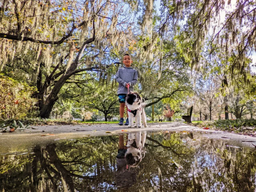 Taylor Family walking dog in Forsyth Park Savannah Georgia 3