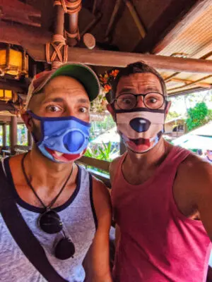 Taylor Family wearing Masks Tiki Room Magic Kingdom Walt Disney World 2