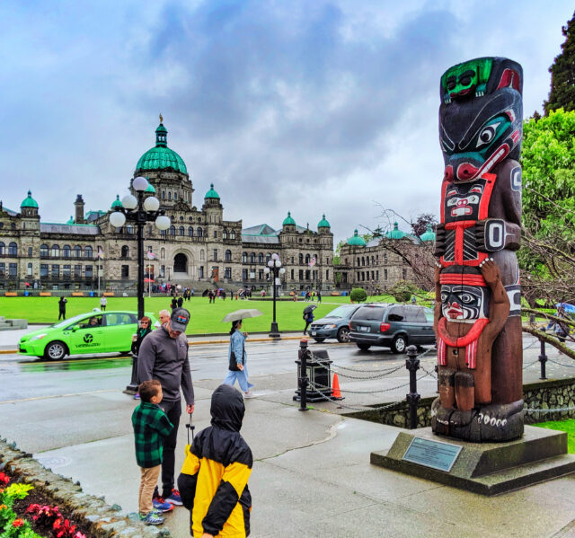 Taylor Family with Bear Totem and Parliament on Inner Harbour Victoria BC 1