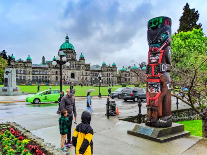 Taylor Family with Bear Totem and Parliament on Inner Harbour Victoria BC 1