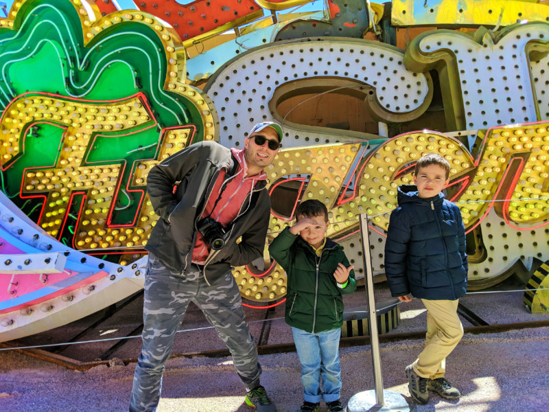 Taylor Family with Fitzgeralds Casino Hotel sign at Neon Museum Las Vegas Nevada