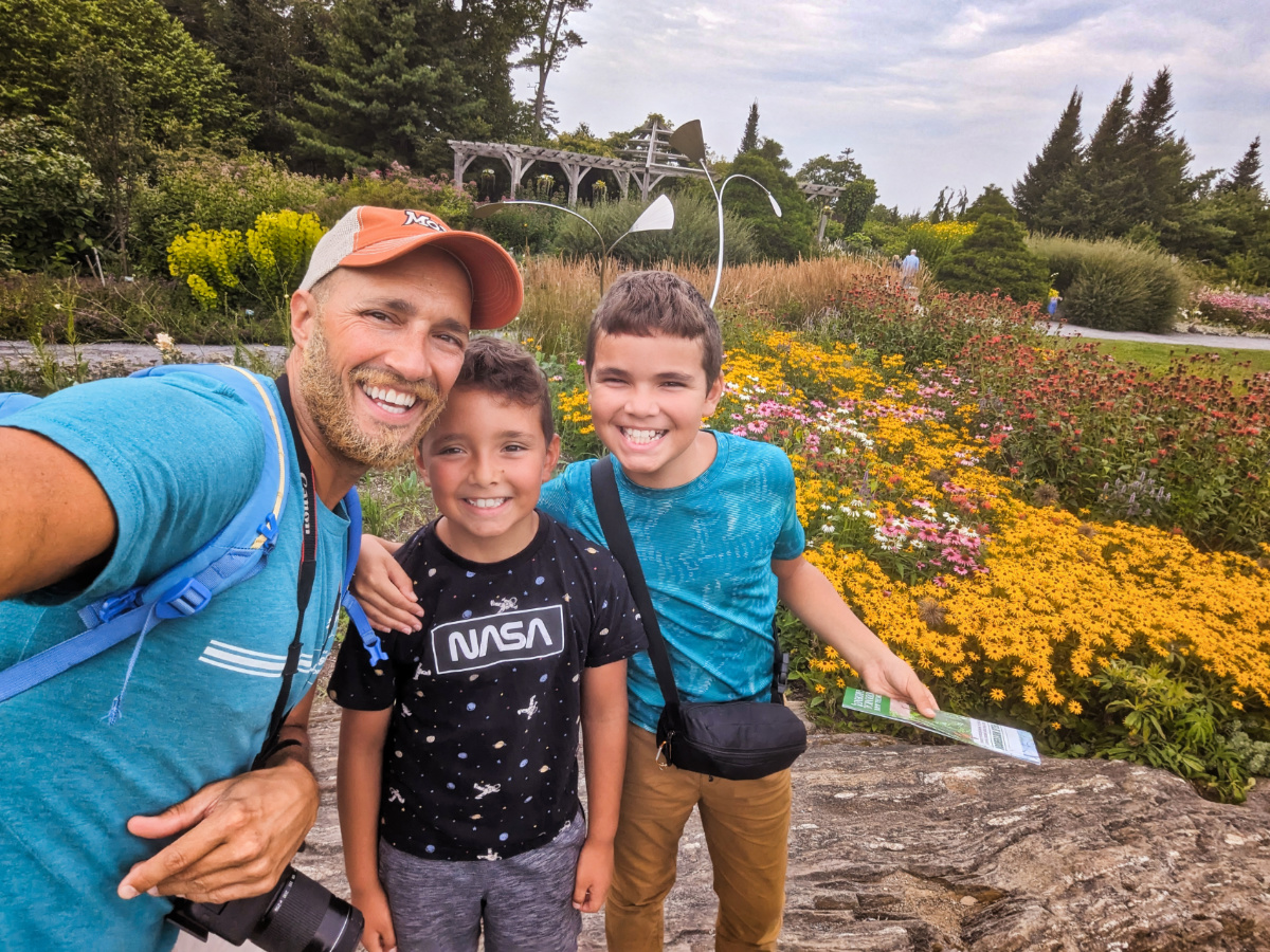 Taylor Family with Flower Gardens in Bloom at Coastal Maine Botanical Gardens Boothbay Harbor Maine 2