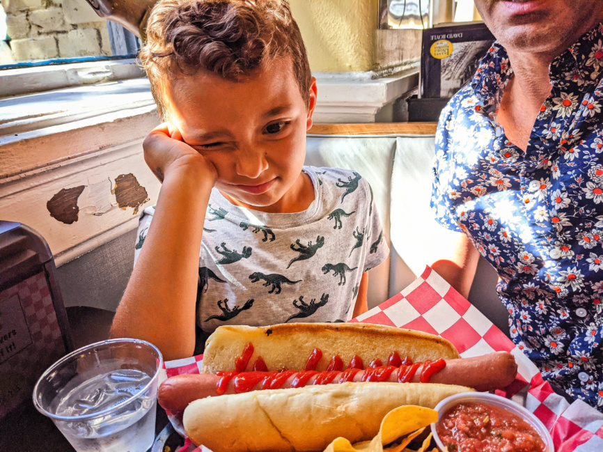 Taylor Family with Giant Hot Dog at Betty Bombers Forsyth Park Savannah Georgia 1