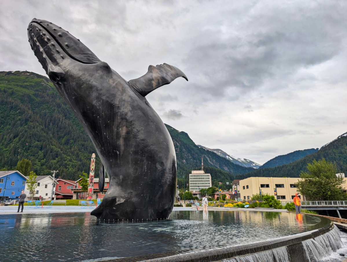 Taylor Family with Humpback Whale Fountain Sculpture on Waterfront Juneau Alaska 3