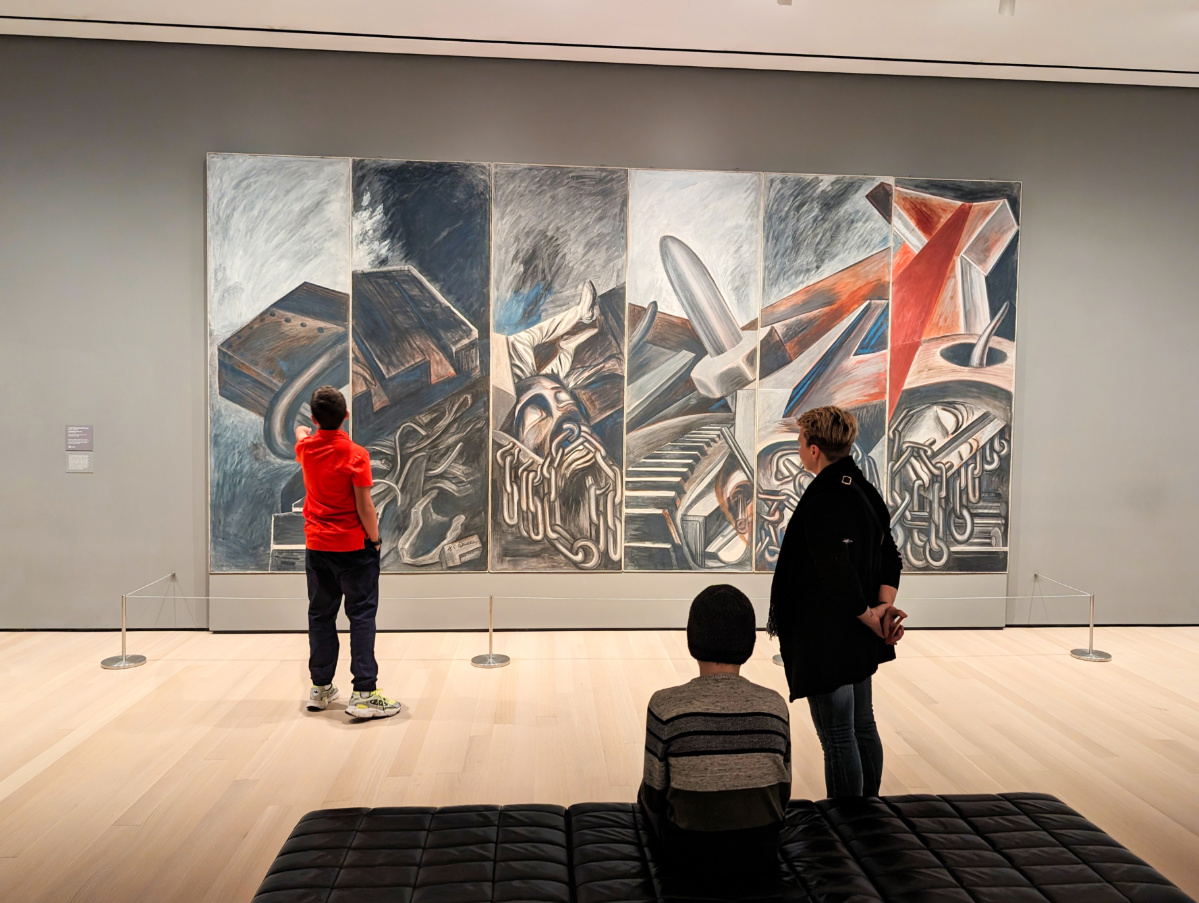 Taylor Family with Jose Clmemente Orozco Dive Bomber painting at MOMA Musuem of Modern Art New York City 1