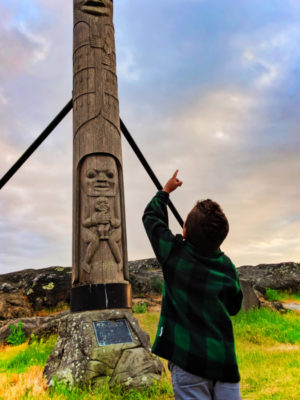 Taylor Family with Totem Poles at sunset at Delta Ocean Point Resort Victoria BC 2