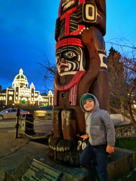 Taylor Family with Totem pole and Parliament Building at Night Inner Harbour Victoria BC 1