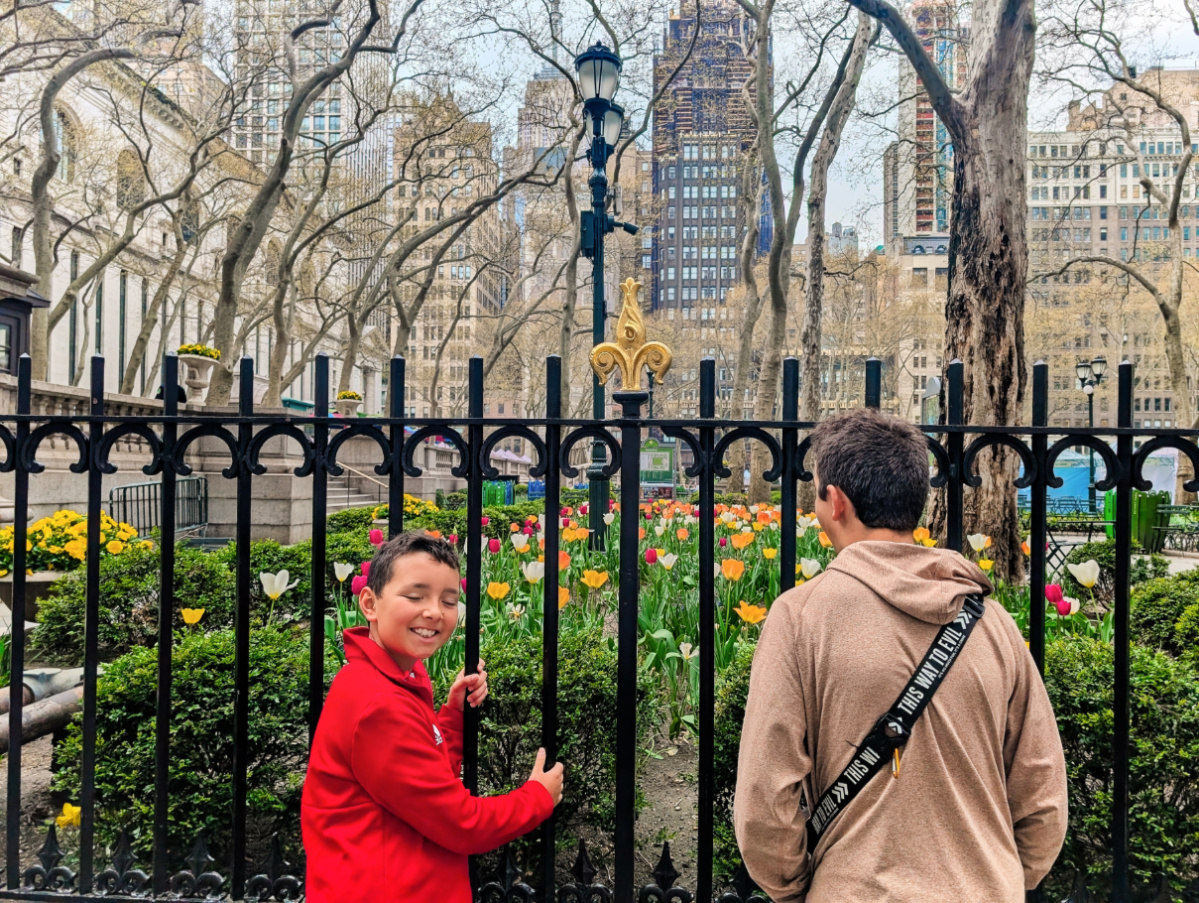 Taylor Family with Tulips at Bryant Park at New York Public Library New York City 1