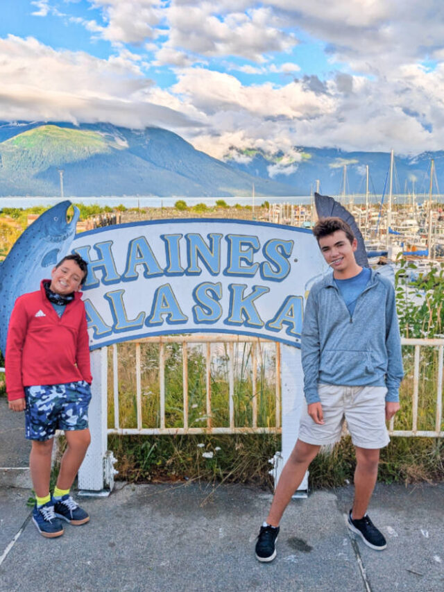 Taylor Family with Welcome to Haines Harbor Sign Haines Alaska 1