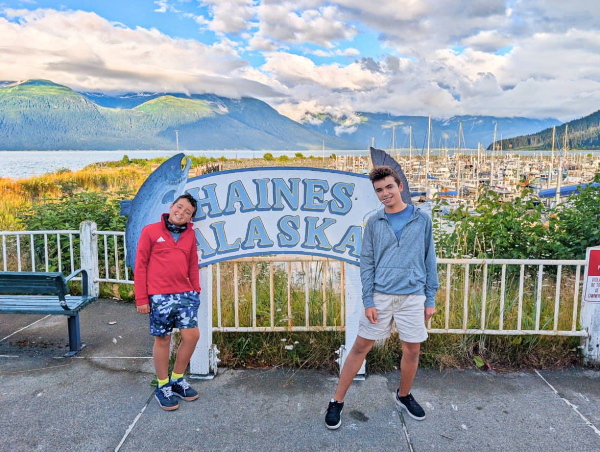 Taylor Family with Welcome to Haines Harbor Sign Haines Alaska 1