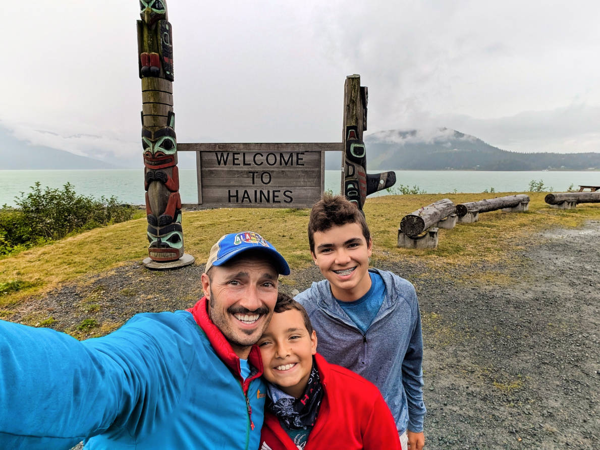Taylor Family with Welcome to Haines Totem Pole Sign Haines Alaska 2
