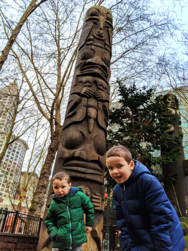 Taylor Kids with Totem Poles in Pioneer Square Downtown Seattle 2