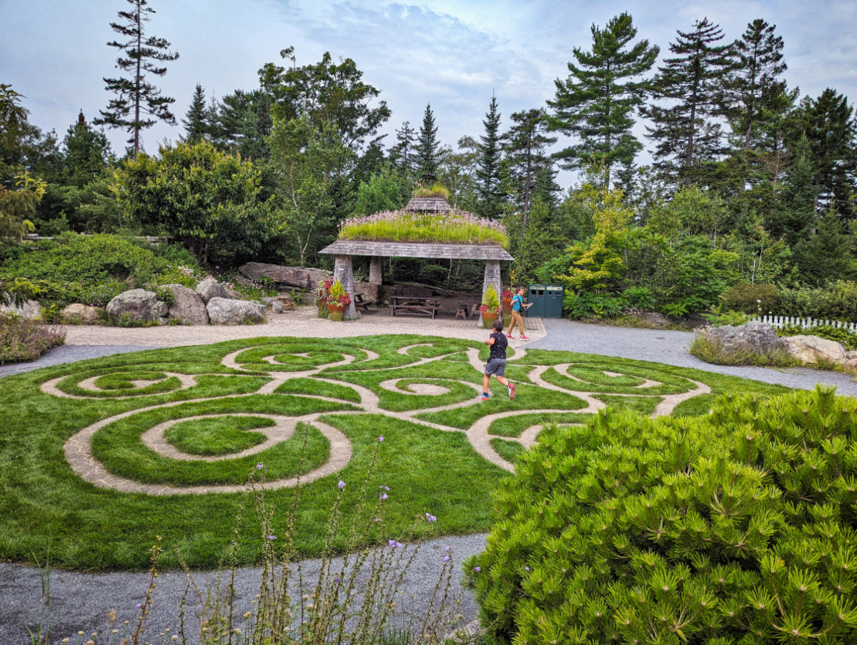 Taylor family in Childrens Labrynth at Coastal Maine Botanical Gardens Boothbay Harbor Maine 1