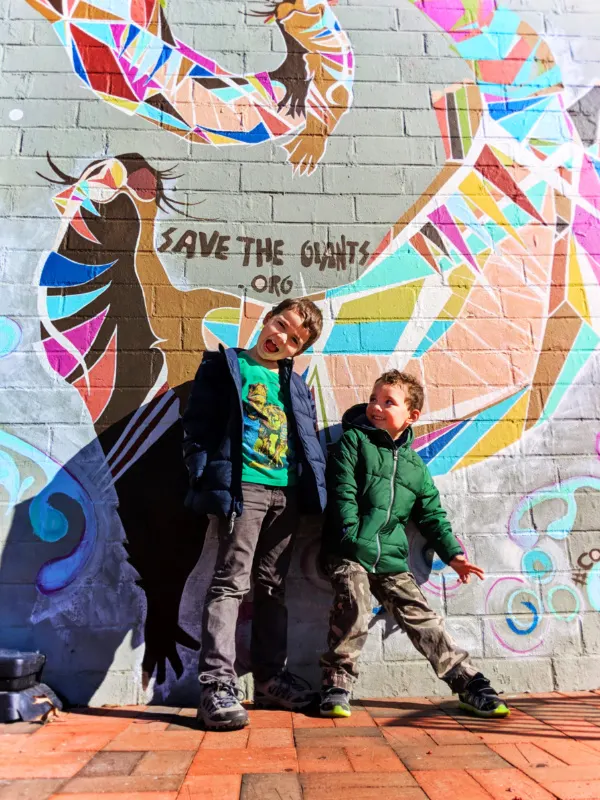 Taylor kids with street art in Marietta Square Georgia 1