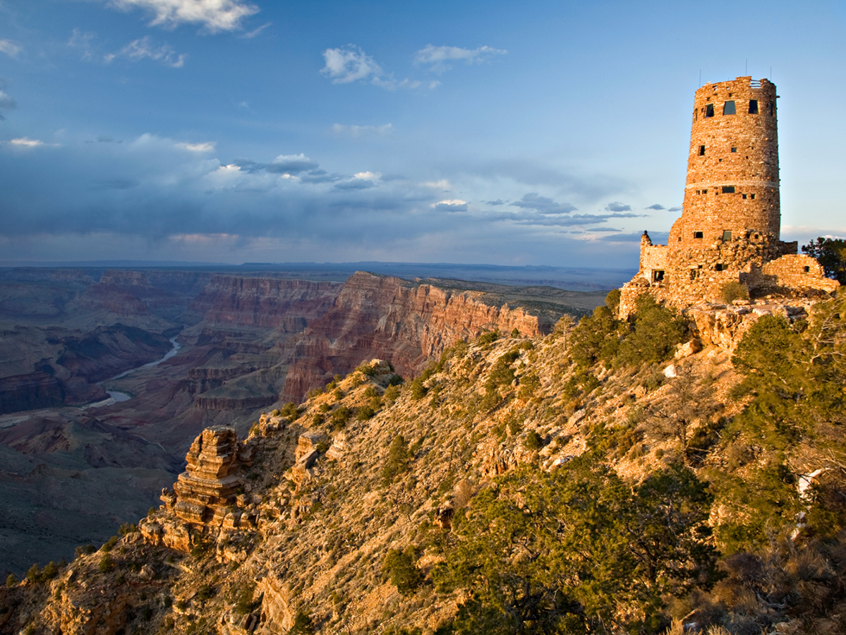 Overlooking the Colorado River at the eastern most part of the south rim of the Grand Canyon, the Desert View Watchtower was constructed in 1932 by Mary Colter as a replica Native American tower.