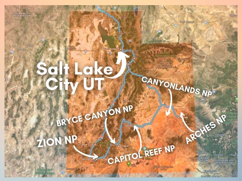 Utah National Parks Road Trip Map
