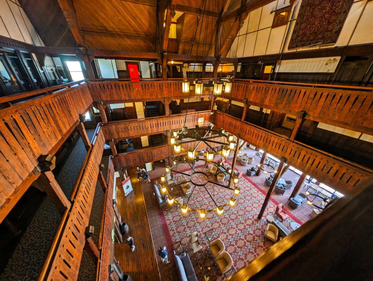 View of grand Lobby of the Prince of Wales Hotel in Waterton Lakes National Park Alberta Canada 1