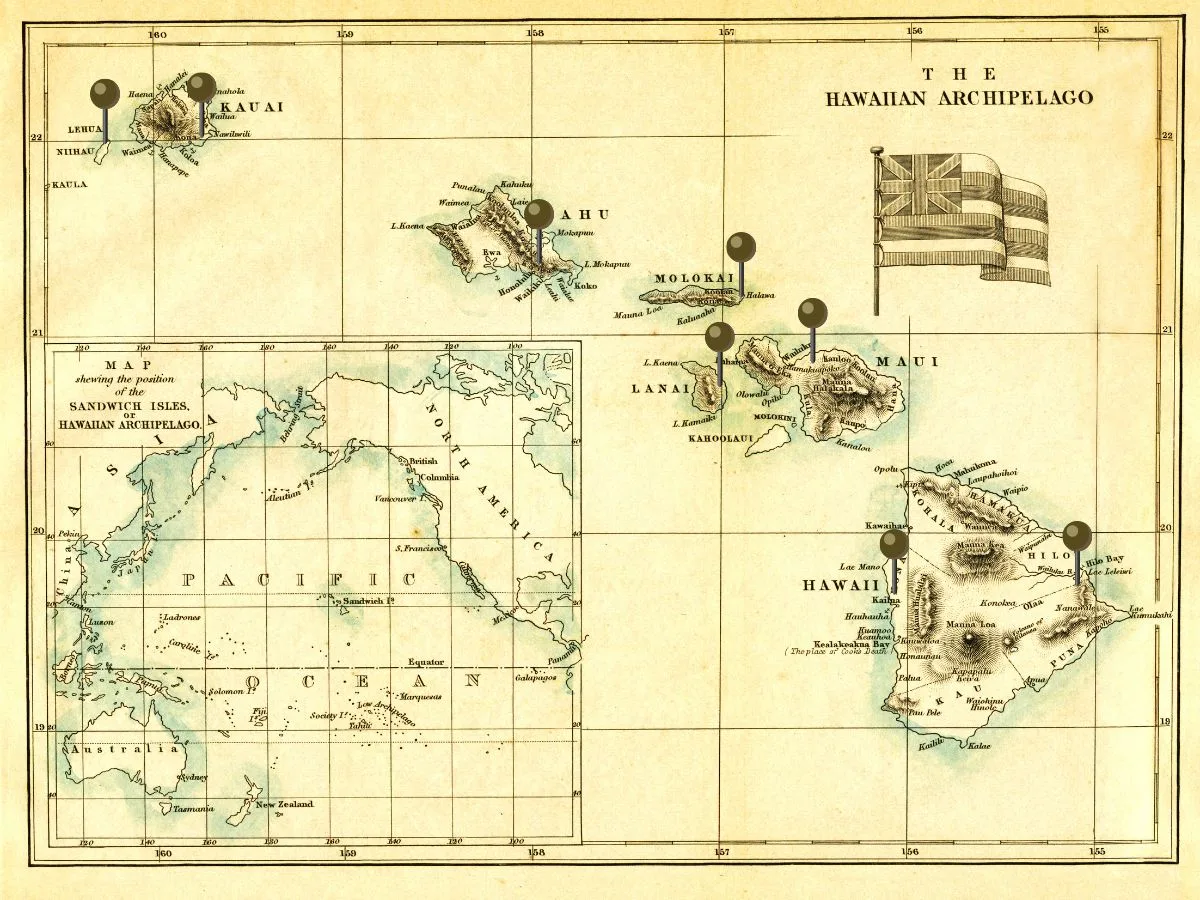 Vintage Map of Hawaii with Pins showing port areas