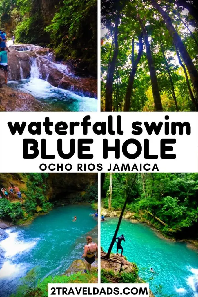 The Blue Hole in Ocho Rios, Jamaica is a great day trip or cruise excursion into the Jamaican jungle. Climbing and jumping off waterfalls, hiking along tropical rivers and swimming in turquoise jungle pools are an epic island vacation adventure. #Caribbean #cruise #hiking #jamaica