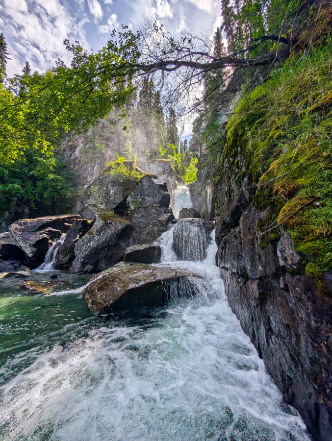 Waterfall gorge at Liberty Falls State Recreation Site on Edgerton Highway to McCarthy Alaska