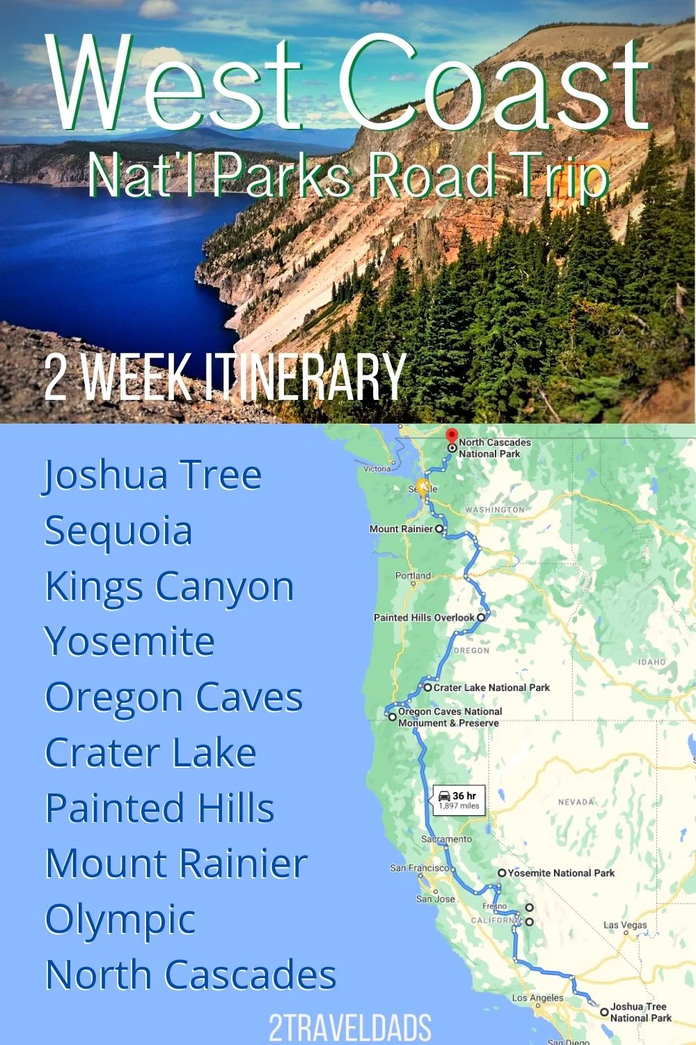 Perfect West Coast National Parks road trip plan, from Joshua Tree to Olympic National Park. Stops in the Sierras, Central Oregon, and the best of Washington State's mountains.