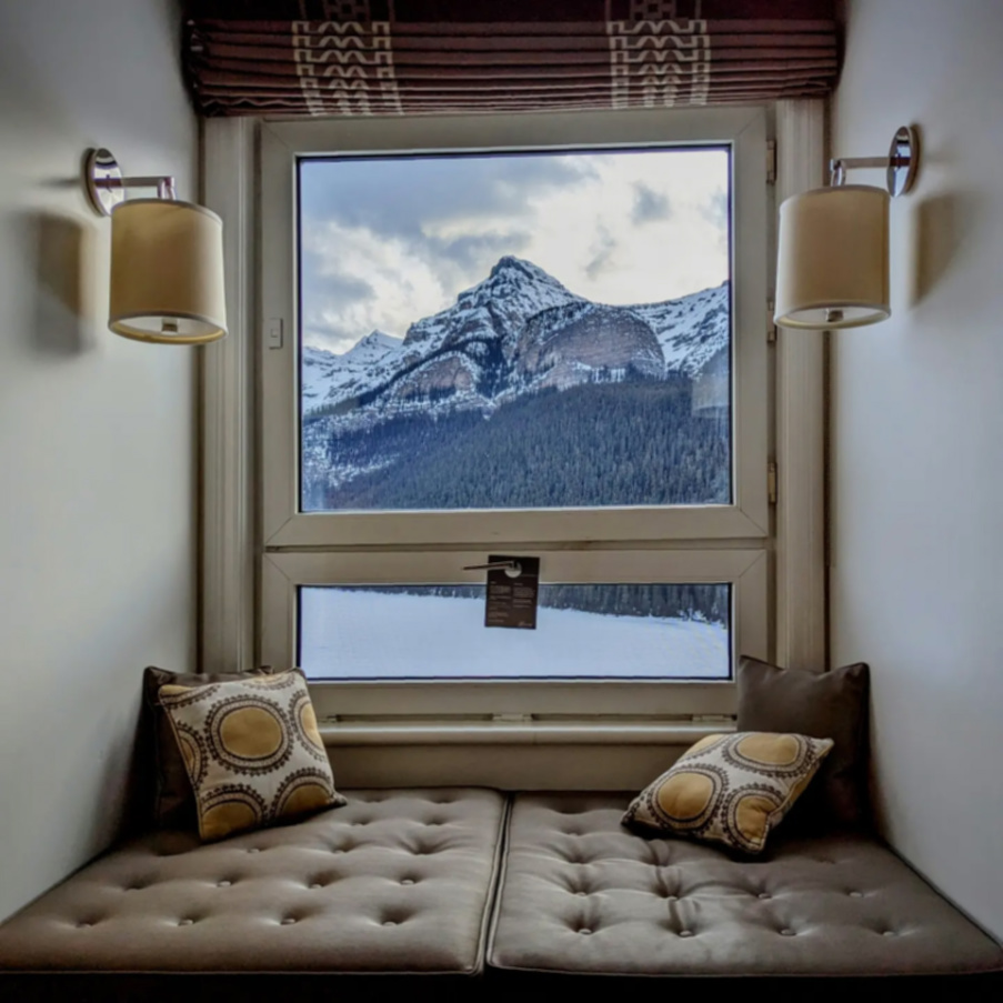 Window Seat in Fairmont Gold King Room at Fairmont Chateau Lake Louise Banff AB 1